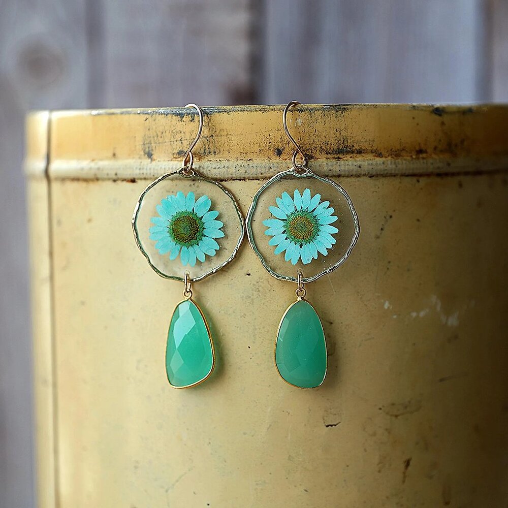 Gold Blue Daisy + Aqua Chalcedony Resin Pressed Flower Earrings | Handmade by me